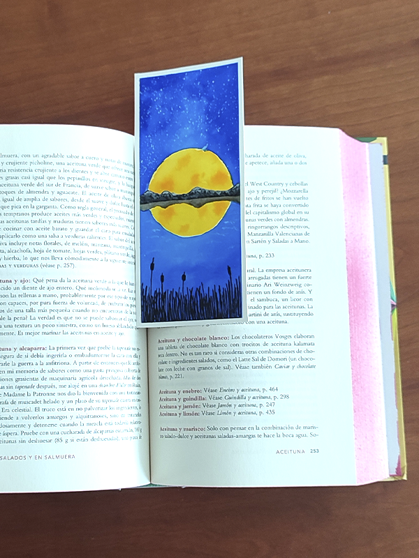 marcapáginas luna y reflejo en agua en libro